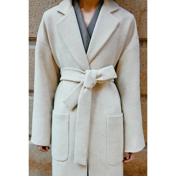 Zara wool blend belted wrap coat cream - Picture 2 of 13